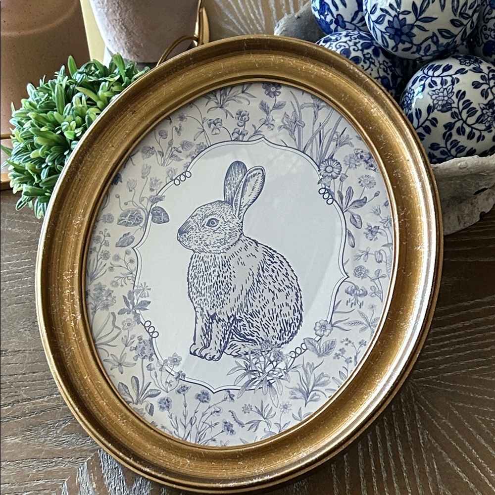 NEW! Vintage Inspired Blue & White French Toile Floral Bunny Rabbit Wall Art - Picture 1 of 6